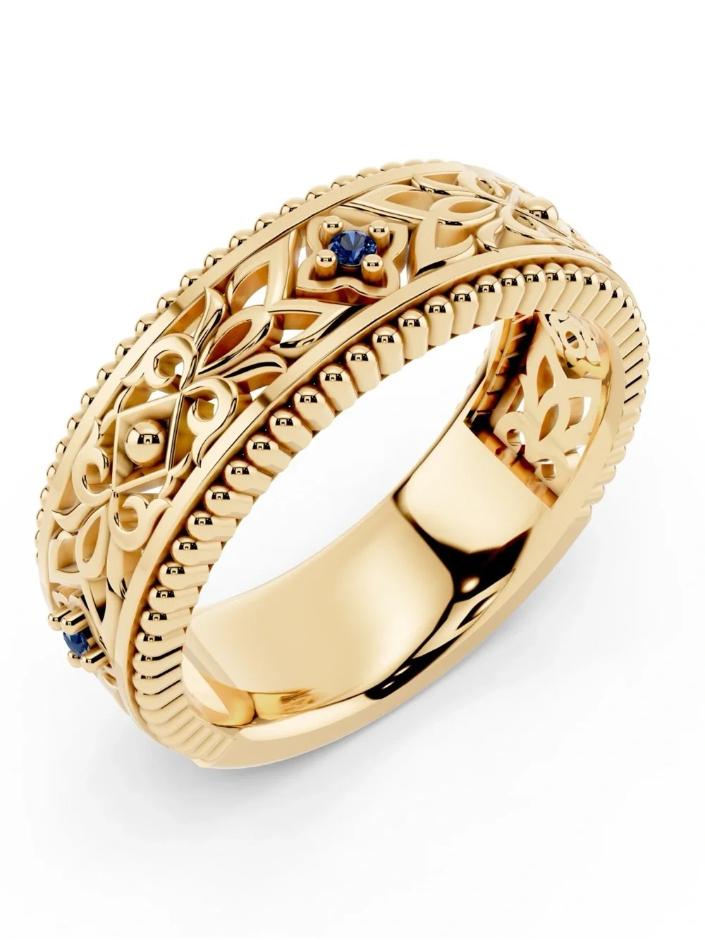 10K Yellow Gold Sapphire Filigree Band Ring 7mm Size 8.5
